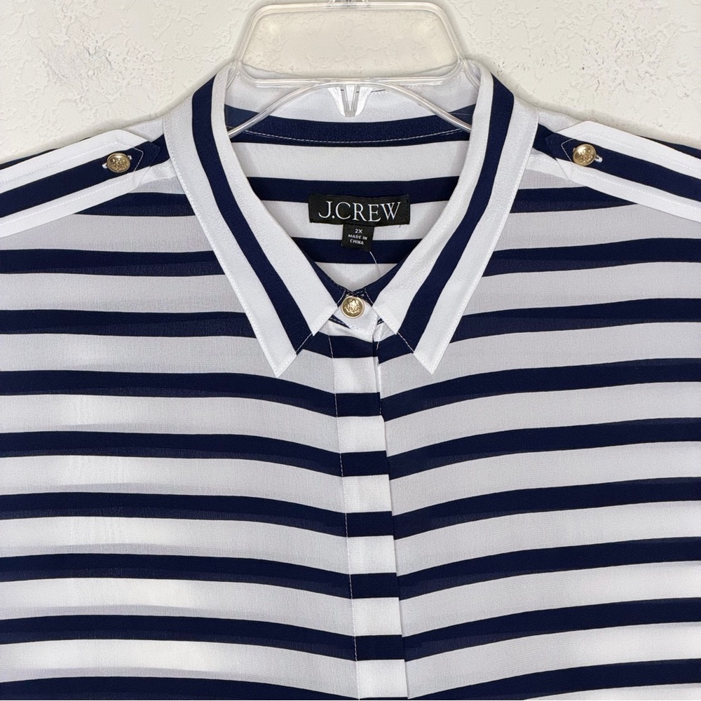 J.Crew Nautical Silk Top Woman’s Plus 2X Navy White Striped Button Up Vacation